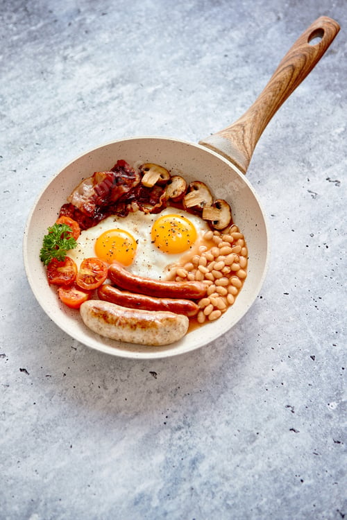 Preview: Traditional Full English Breakfast on frying pan.