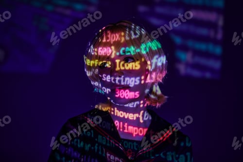 Preview: portrait of young anime woman in colorful neon programming symbols projection on blue backdrop