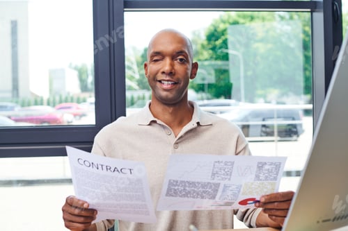 Preview: inclusion, happy african american man with myasthenia gravis disease holding contract, dark skinned