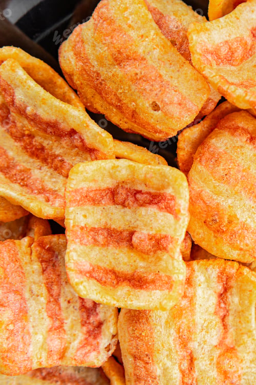 Preview: Chips bacon crispy rashers corn snacks fast food natural food fresh dish on the table