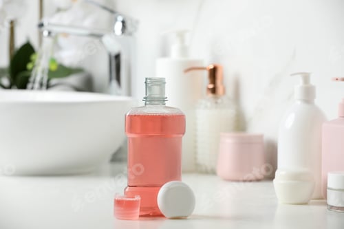 Preview: Mouthwash and dental floss on white countertop in bathroom