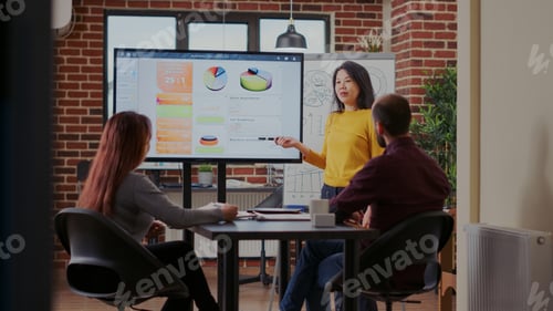 Preview: Asian woman explaining charts and graphs on presentation