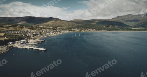 Preview: Scotland ocean port aerial view: ship, yachts and boats on coastal water of Atlantic gulf