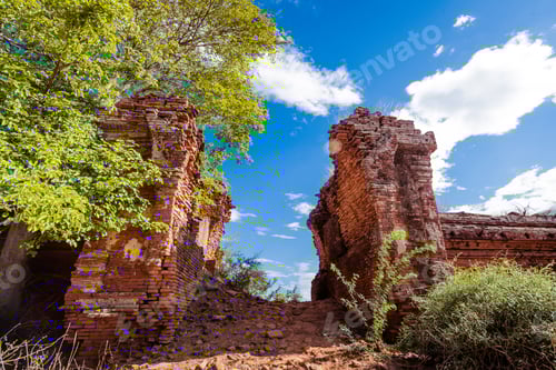 Preview: Ancient temple and pagoda in Bagan ,Myammar .This show Archaeological place of Myanmar with blue clo