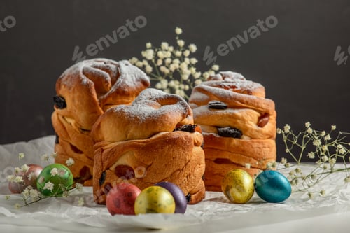 Preview: easter composition, traditional easter cake, colorful eggs on the table
