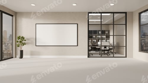 Preview: Minimal modern office interior with blank wall frame mockup, glass meeting room
