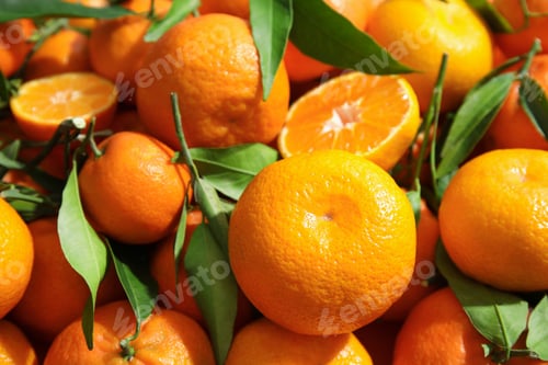 Preview: Many ripe tangerines with leaves as background, closeup