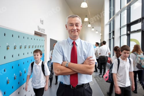 Visualização: Retrato de professor do sexo masculino com os braços cruzados no corredor da escola