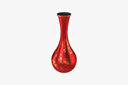 Preview: Elongated red vase with gold floral decoration and black base