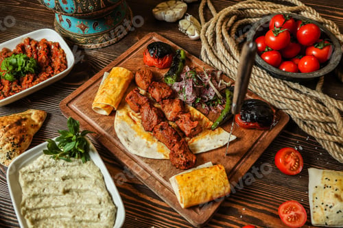 Preview: top view chicken kebab with grilled tomato and hot pepper on pita bread on a stand