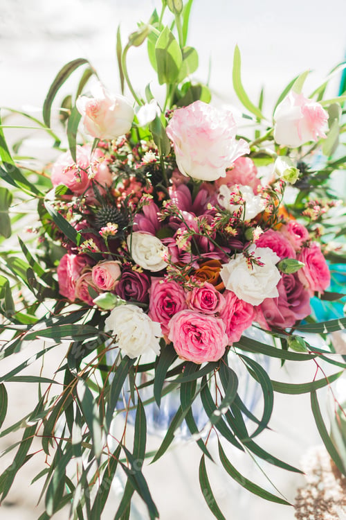 Preview: Wedding bouquet in Boho style with pink silk ribbons, roses, chrysanthemum and tropical plants