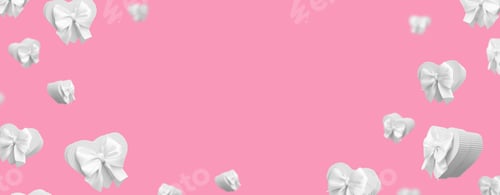 Preview: Banner with flying white heart shaped gift boxes isolated on pink background