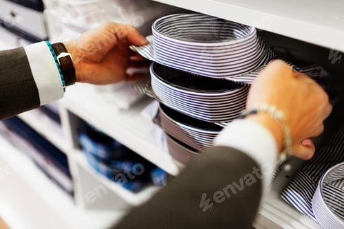 Preview: Salesman's hands removing shirt from shelf in clothing store