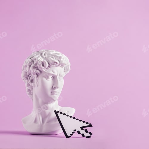 Preview: White antique style Grecian or Roman bust with digital arrow