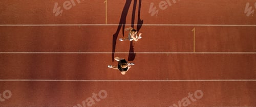 Preview: Top down view of two runners training on red running track