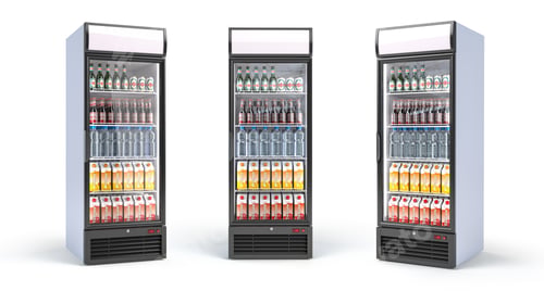 Preview: Fridge with drinks isolated on white. Set of showcase refrigerat