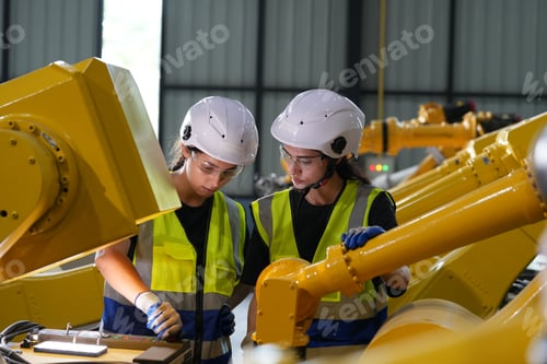 Preview: Robotics engineer working on maintenance of robotic arm in factory warehouse. Business technology.
