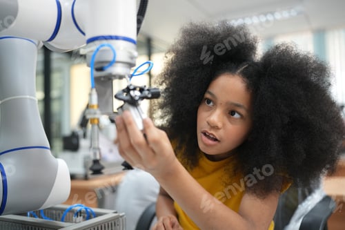 Preview: Children learning AI technology Robot with artificial intelligence system on its in science lesson