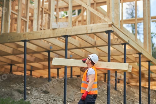 Preview: Male builder wearing uniform and helmet, holding wooden boards, gilders, looking up.