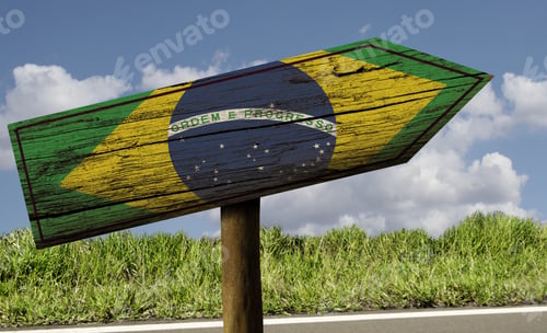 Preview: Brazil Flag Wooden Sign On The Road - Latin America