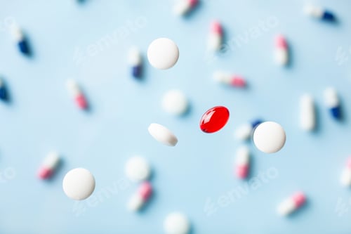 Preview: flying pill tablet capsule levitation medicine. medical treatment for disease flu virus