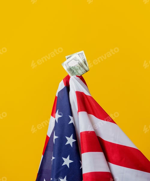 Preview: USA flag and money on yellow background