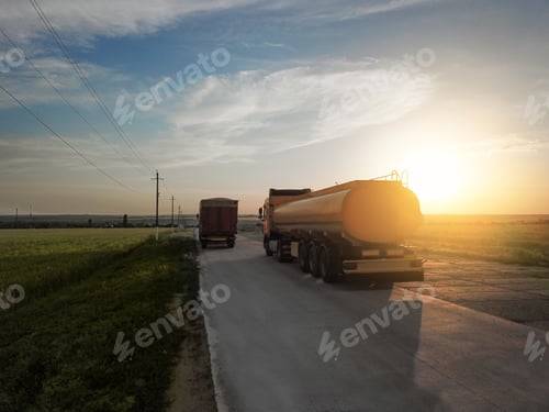 Preview: Modern trucks parked on country road at sunset