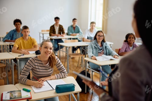Preview: High school student and her classmates attending a class in the classroom.