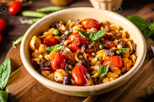 Preview: Corn paste with roasted tomatoes and fresh peas and onion