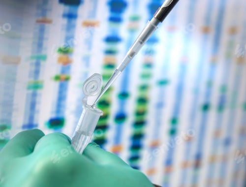 Preview: Scientist performing genetic research with DNA sequencing gel in the background.