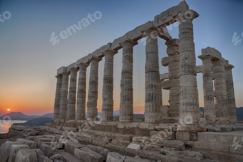 Preview: Horizontal shot of ancient Hellenistic temple columns during sunset