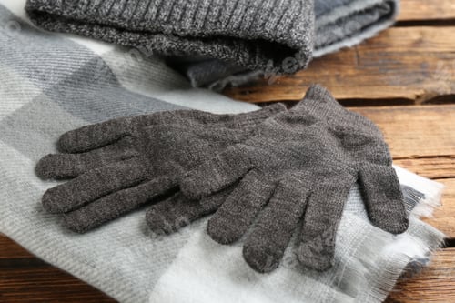 Preview: Stylish gloves, scarf and hat on wooden background, closeup