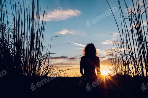 Preview: Silhouette of a girl sitting in nature with a sun on the horizon. Summertime joy concept.