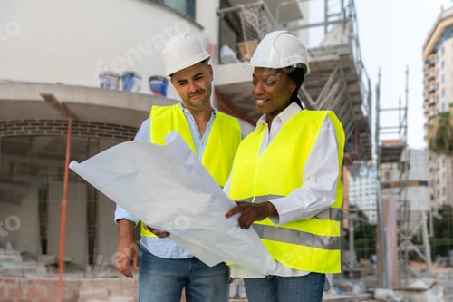 Preview: Two Diverse engineers in safety vests and hardhats reading blueprint on construction site