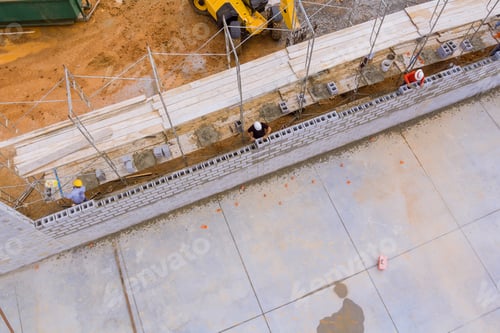 Preview: On construction site, mason makes concrete wall using cement blocks while standing on a scaffolding