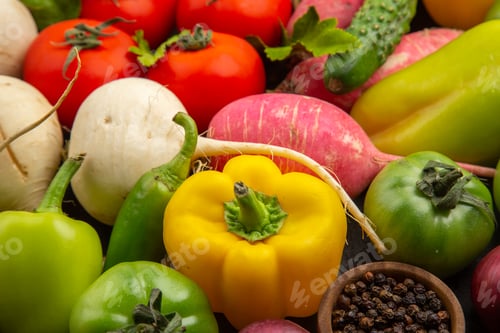 Preview: front view fresh vegetables cucumbers radish tomatoes onions on the dark background salad healthy