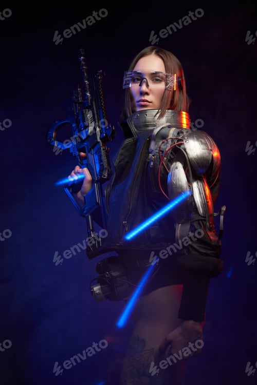 Preview: Portrait of a female mercenary with rifle in dark background with lights