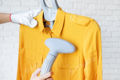 Preview: female hand using vertical steamer steaming clothes
