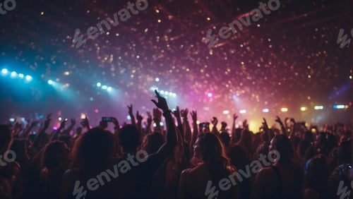 Preview: Euphoric Concert Crowd with Hands Raised in Lights - AI Generative