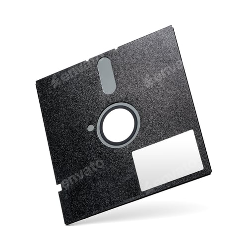 Preview: Old floppy disk isolated on white. Retro 5.25 inch black diskette with label.