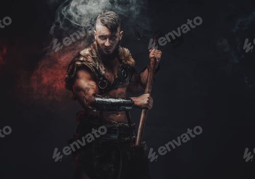 Preview: Attacking viking with two handed axe in dark background