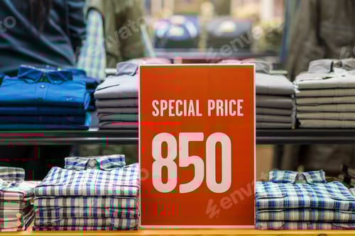 Preview: Shirts on Display at Store with Sale Sign