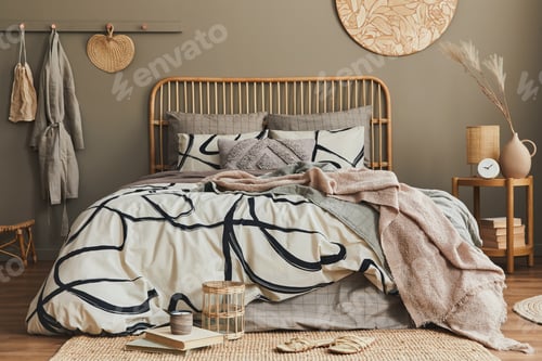 Preview: Wooden bed in stylish neutral bedroom interior