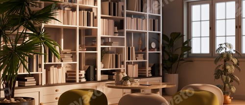 Preview: Bright Living Room with Books and Potted Plants