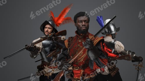 Preview: Multicultural group of medieval conquistadors against grey background
