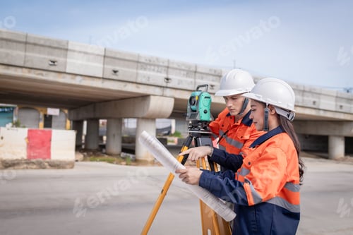 Preview: Engineers Surveyor wearing safety uniform ,helmet with equipment theodolite to measurement positioni