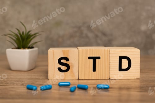 Preview: Selective focus of blocks with std letters, pills and plant on wooden table on grey background