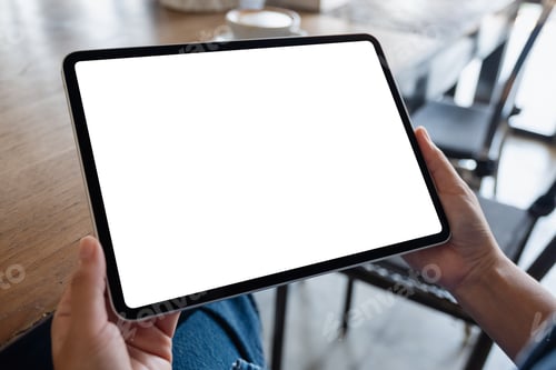Preview: Mockup image of a woman holding digital tablet with blank white desktop screen