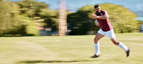 Preview: Rugby, running and speed of an athlete with energy and sports ball on a grass field. Workout, game