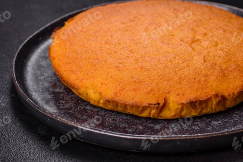 Preview: Pumpkin pie, tart made for Thanksgiving day with whipped cream on a black plate